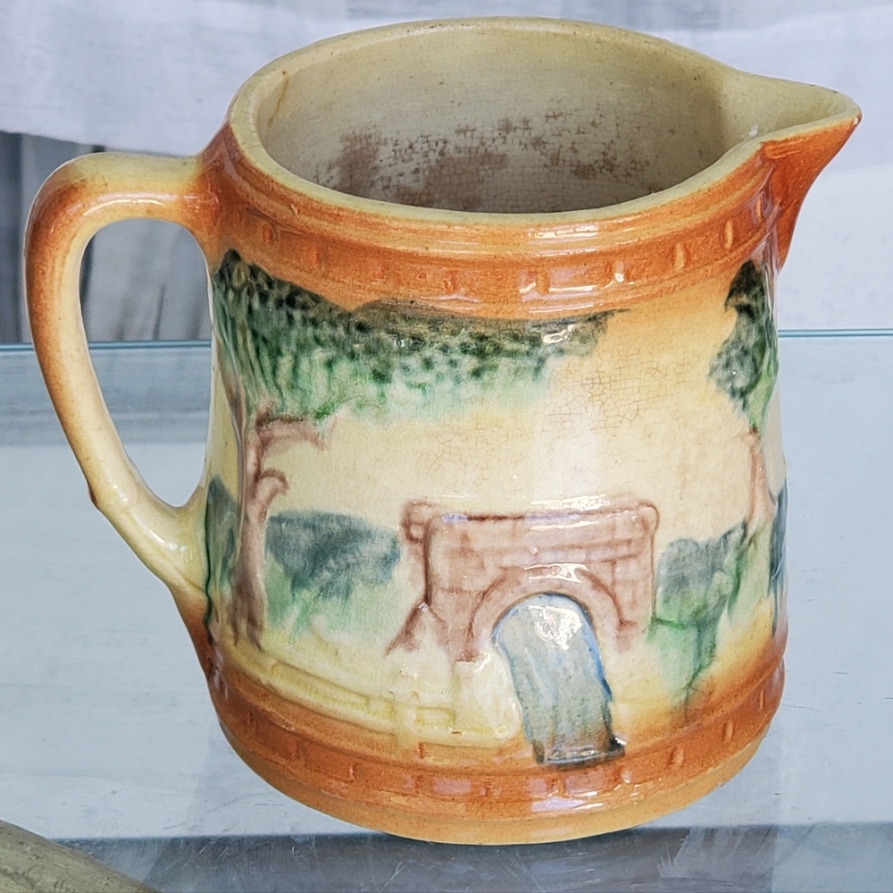 Vintage, Antique, Early 1910 Roseville Pottery Landscape Pitcher "The Bridge"